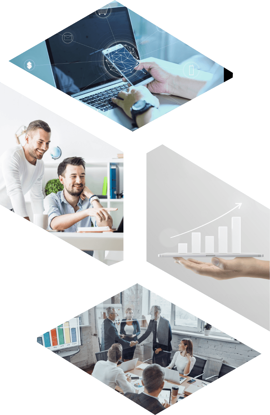 Collage que muestra: dispositivos electrónicos, equipo colaborando, crecimiento digital y reunión de negocios